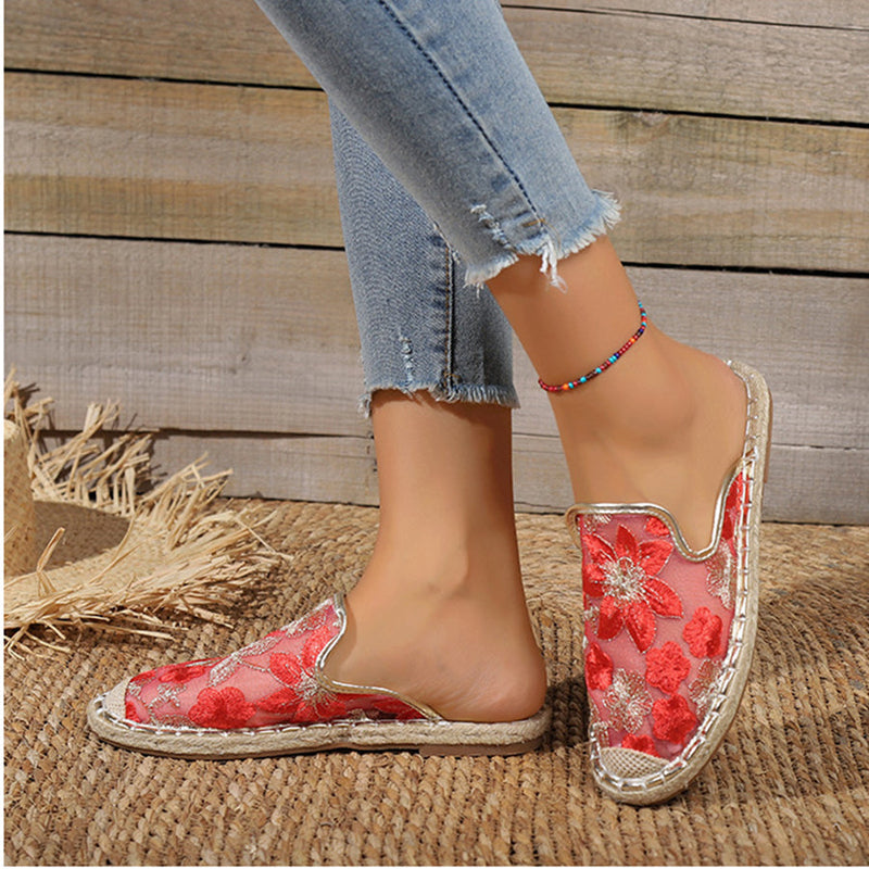 Linen Woven Flat Round Toe Half Slippers