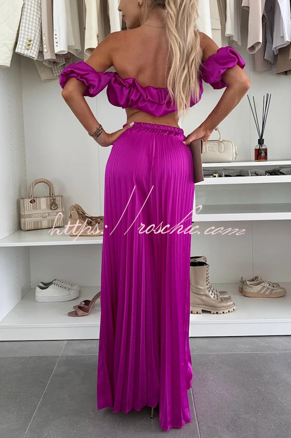 Jorie Satin Off Shoulder Puff Sleeve Crop Top and Elastic Waist Pleated Wide Leg Pants Set