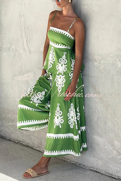 Unique Print Suspender Pleated Top and Elastic Waist Loose Wide-leg Pants Set