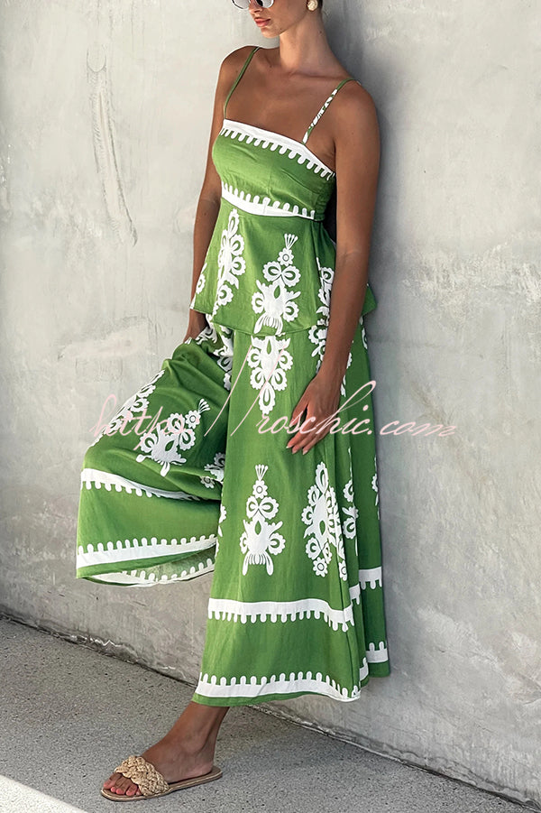 Unique Print Suspender Pleated Top and Elastic Waist Loose Wide-leg Pants Set