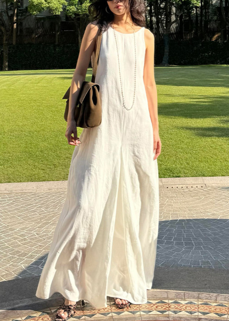 Simple Style White O Neck Cotton Long Dress Sleeveless Ee051