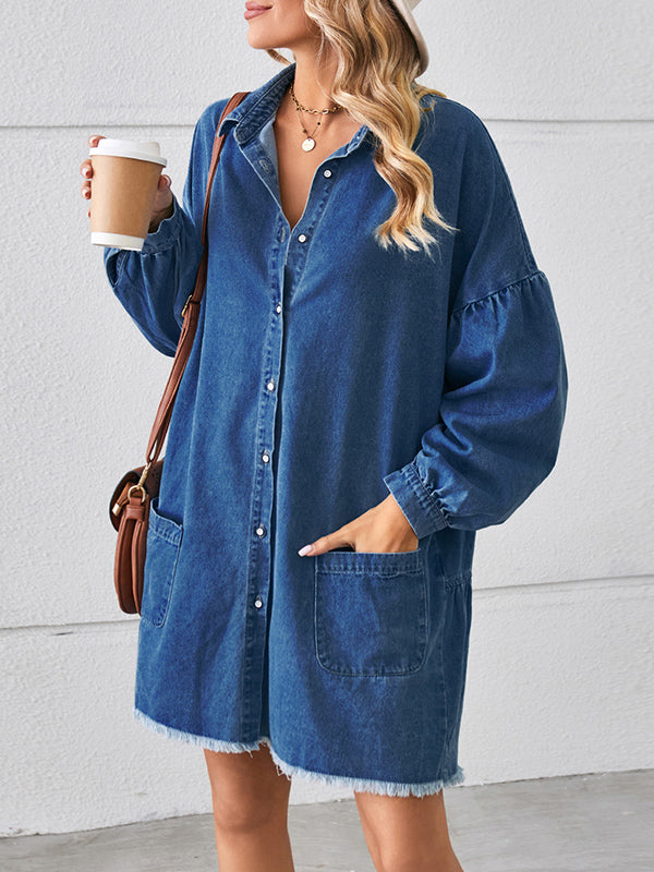 Long Sleeves Loose Buttoned Fringed Pleated Pockets Split-joint Lapel Mini Dresses