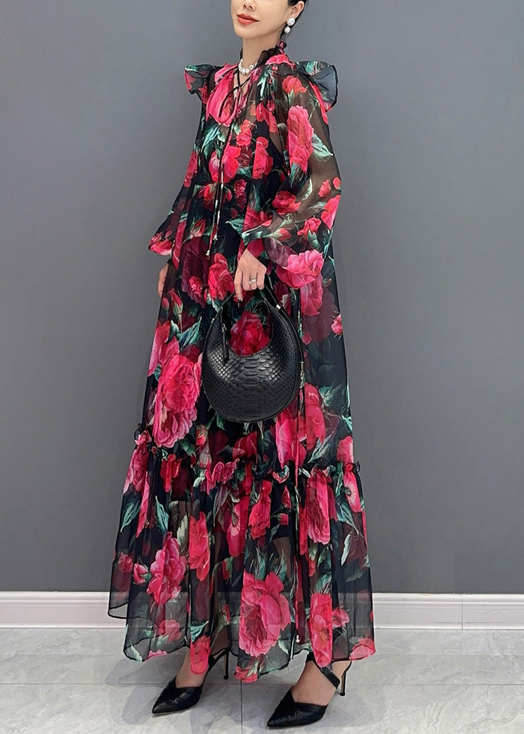 Red Tie Lace Print Chiffon Maxi Dresses Fall Ao1044