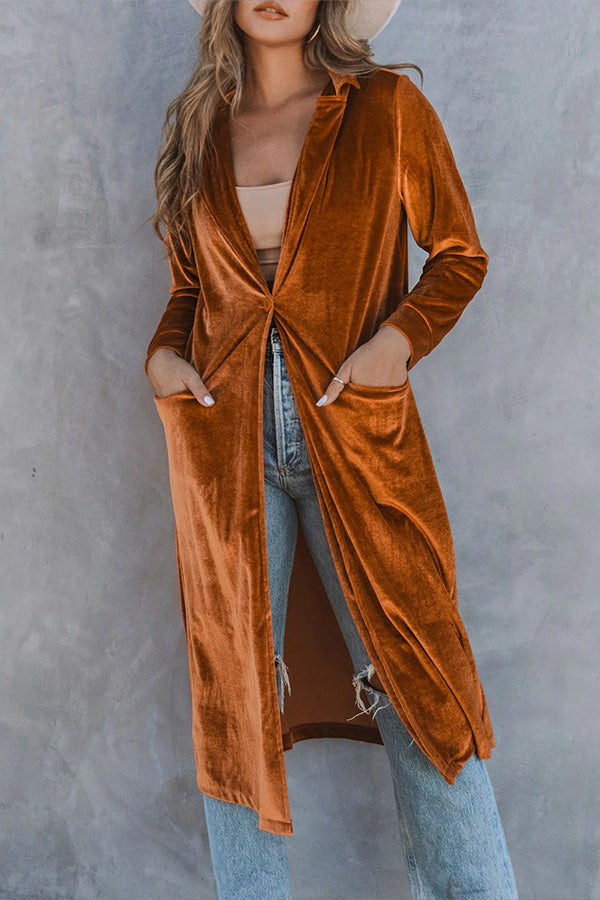 Velvet Lapel Pocket Long Coat
