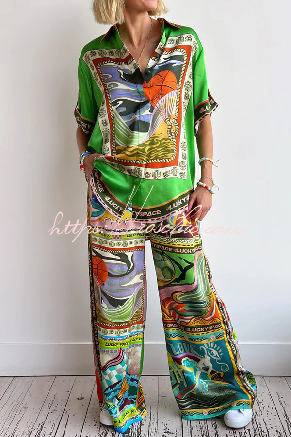Unique Printed Lapel Short-sleeved Loose Shirt and Elastic Waist Tie Wide-leg Pants Set