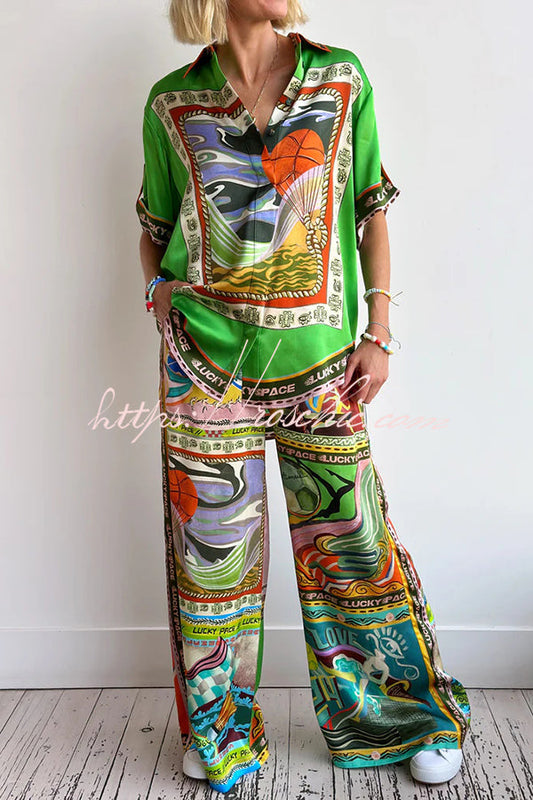 Unique Printed Lapel Short-sleeved Loose Shirt and Elastic Waist Tie Wide-leg Pants Set