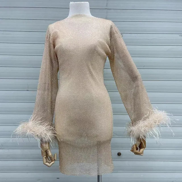 Weave Shiny Rhinestone Mini Dress See Through Cover-up Dresses Loose Club Dress