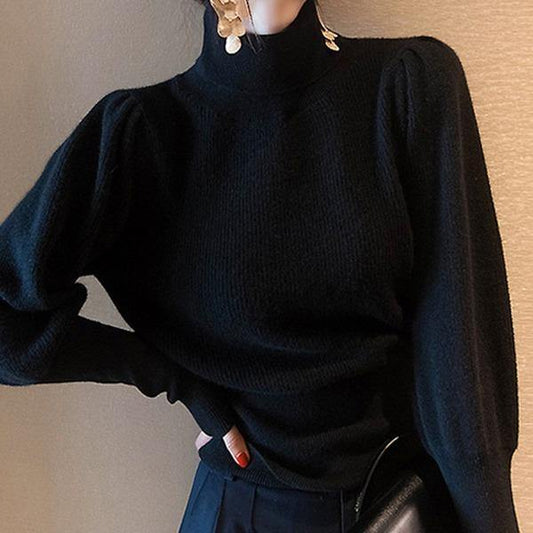 Black Turtleneck Long Puff Sleeve Knit Sweater Tw001