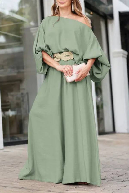 Skew Neck Lantern Sleeve Top \u0026 Wide Leg Pants Set