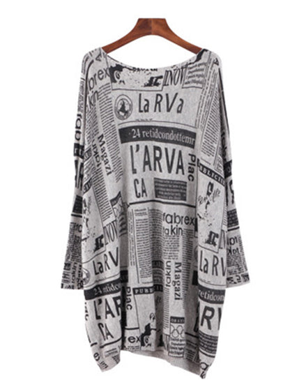 Loose One-shoulder Newspaper Printed Split-joint Sweater