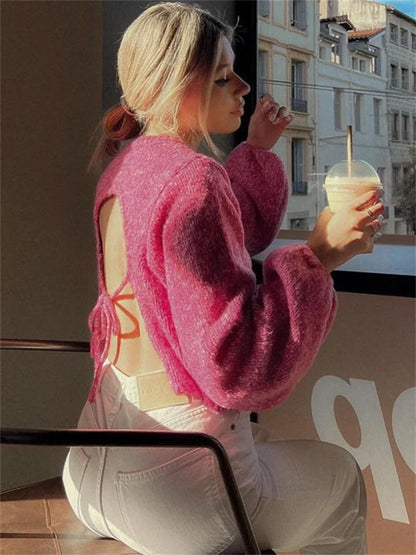 Lace-up Backless Sweater Pullover for Long Sleeve Turtleneck Loose Bandage High Street Camisola Top