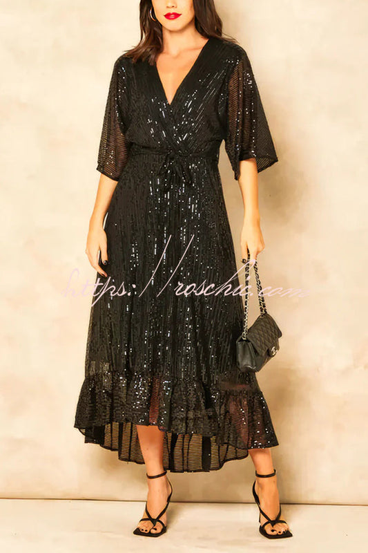Color Sequined V-neck Waist Tie Loose Maxi Dress