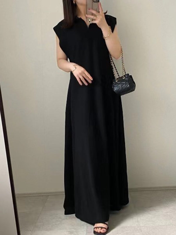 Loose Raglan Sleeve Pleated Color Lapel Maxi Dresses