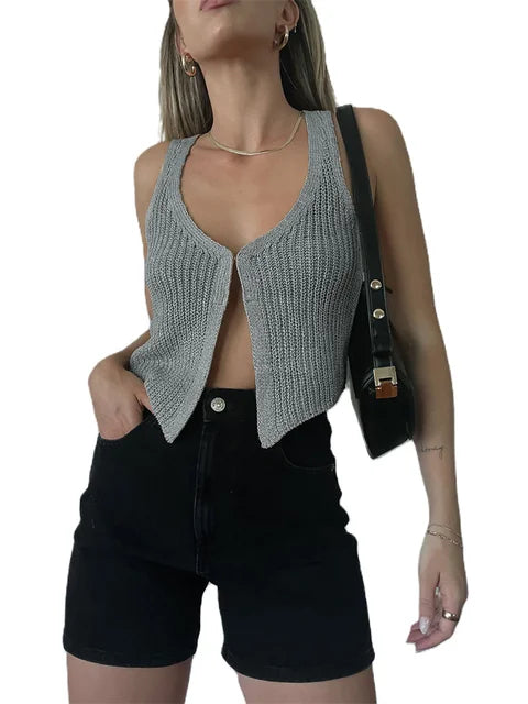 Backless Knit Slim Cardigan Y2k Top for Sleeveless Knitwear Coat Tank Top Patchwork Cardigan