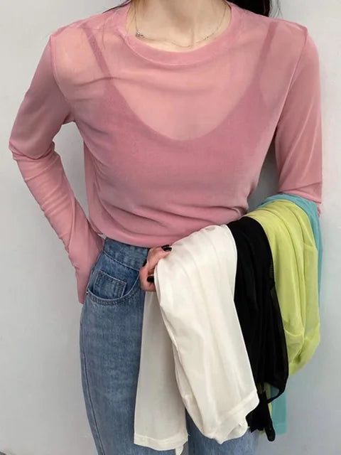 T Shirt See Through Transparent Mesh Tops Long Sleeve T-shirt Pink Green Top Basic Tops for