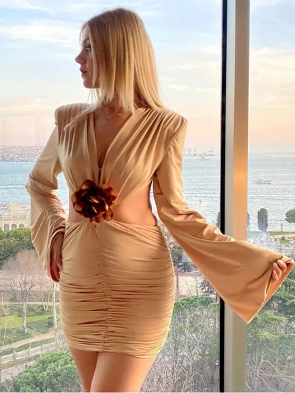 Deep V 3d Flower ’s Dress Bodycon Hollow Out Backless Long Sleeve Folds Female Mini Dress Party Club Vestidos