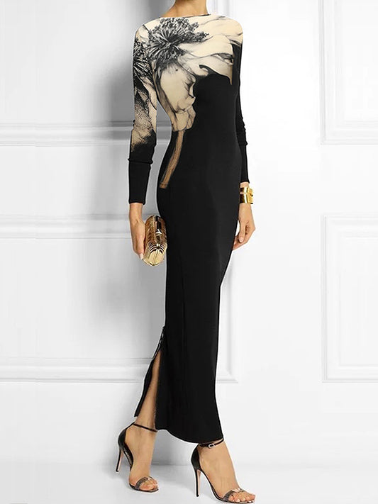 Bodycon Long Sleeves Printed Boat Neck Maxi Dresses
