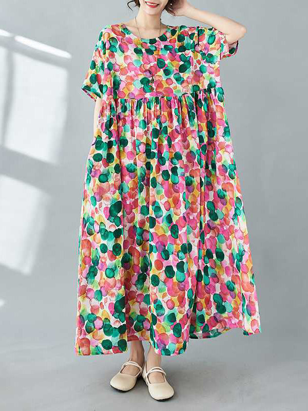 Half Sleeves Loose Pleated Polka-dot Printed Split-joint Round-neck Midi Dresses