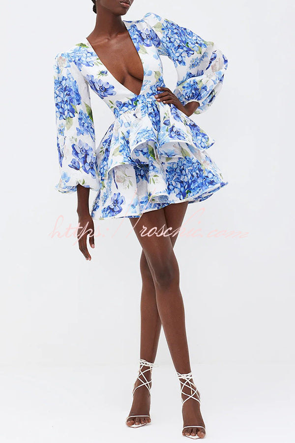 Feminine and Print Deep V-neck Balloon Sleeve Tiered Mini Dress