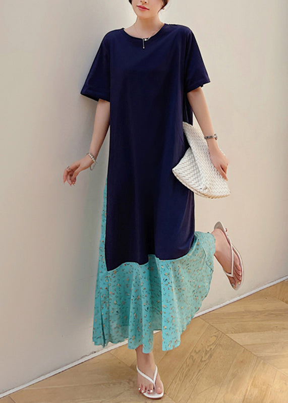 Navy Print Patchwork Fake Two Pieces Maxi Dresses Short Sleeve Tt1041
