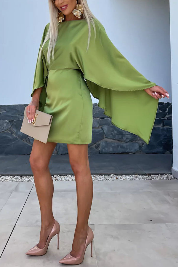 Wings Satin Butterfly Sleeves Elastic Waist Formal Mini Dress