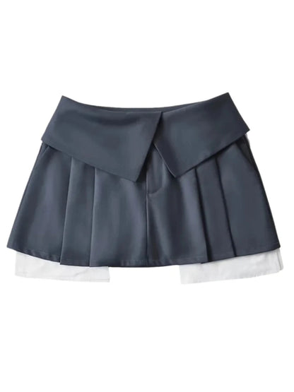 New Mini Skirt for High Waist Gray Pleated Skirt A-line Turn-down Shorts Y2k Skirt With Pockets