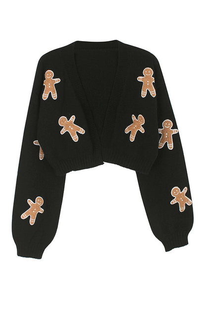 Fashionable Cookie Man Pattern Short Knitted Cardigan
