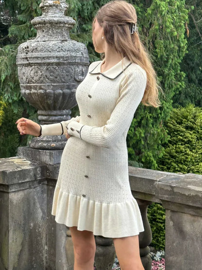 Knitted Sweater Button Elastic Slim Dress Lotus Leaf Edge Bodycon Long Sleeve Fall New Female Vestido