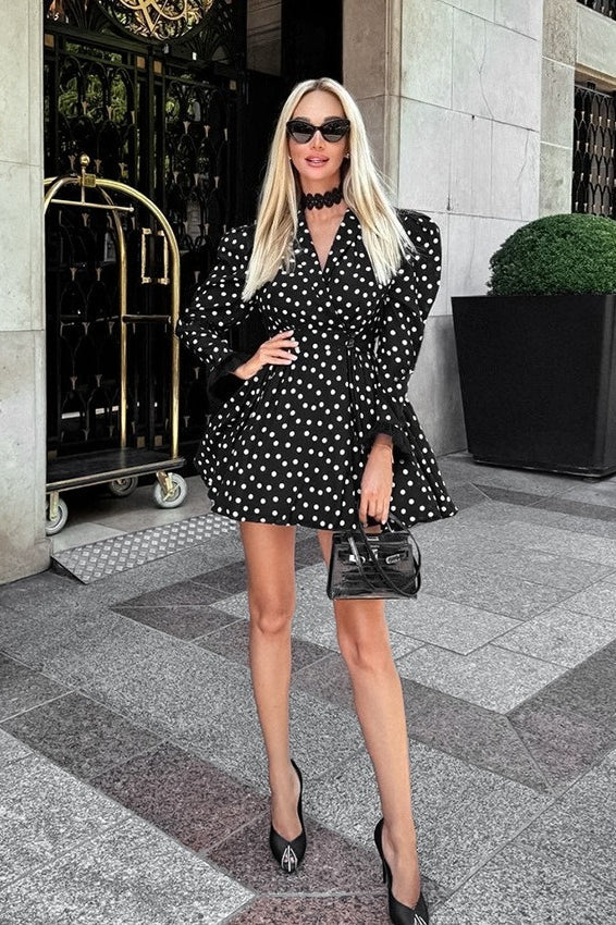 Polka Dot V-neck Puff Sleeve A-line Mini Dress