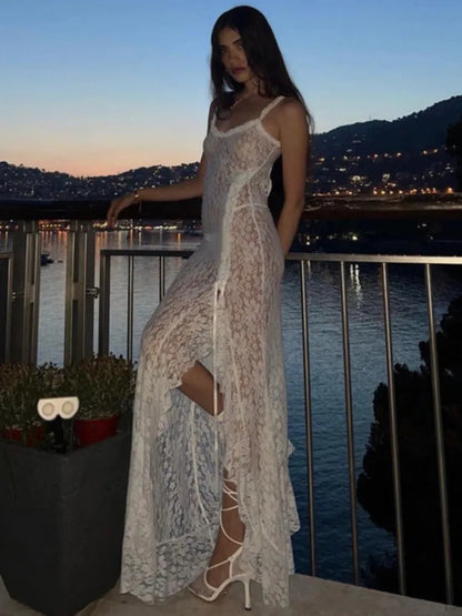 Lace Print High Split ’s Dress Slim Fit Open Back Transparent Lace Up Female Midi Dress Party Club Vestidos