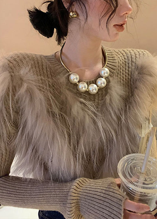 Art Khaki Leather and Fur Patchwork Knit Sweaters Winter Qc014