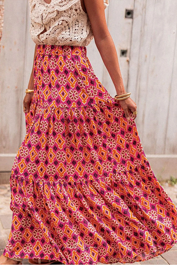 Rose Print Tiered Maxi Skirt
