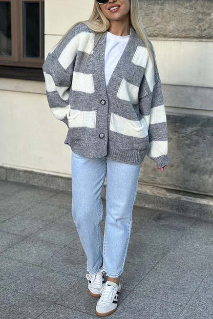 V-neck Long-sleeved Striped Pocket Knitted Cardigan