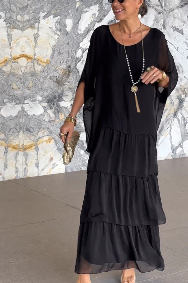 Color Crew Neck Loose Tiered Maxi Dress
