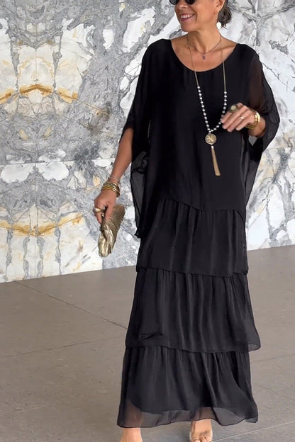Color Crew Neck Loose Tiered Maxi Dress
