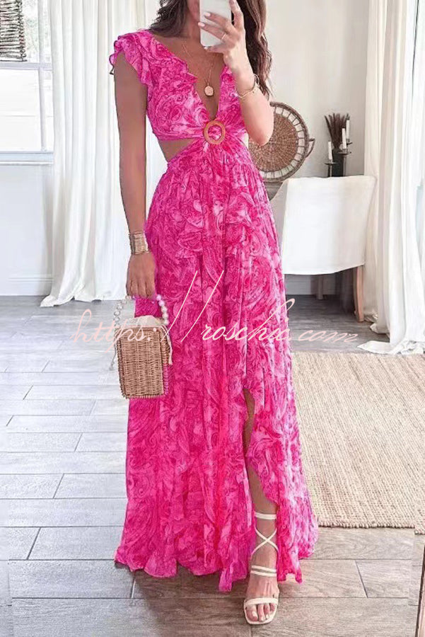 Boldest Bloom Printed Ruffle Sleeve Cutout Maxi Dress