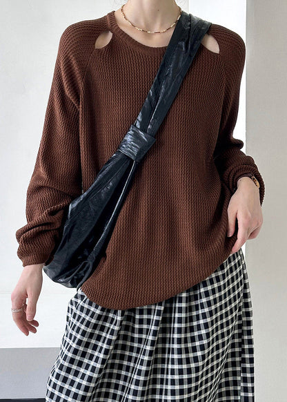 Brown O Neck Hollow Out Knit Sweaters Fall Af1051