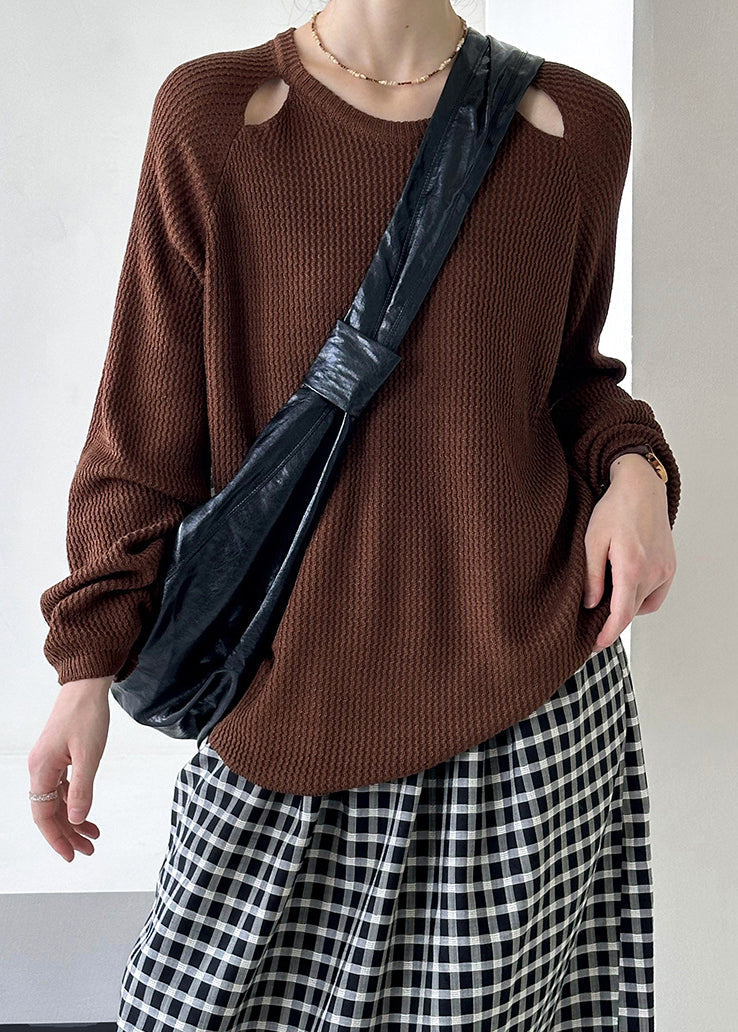 Brown O Neck Hollow Out Knit Sweaters Fall Af1051