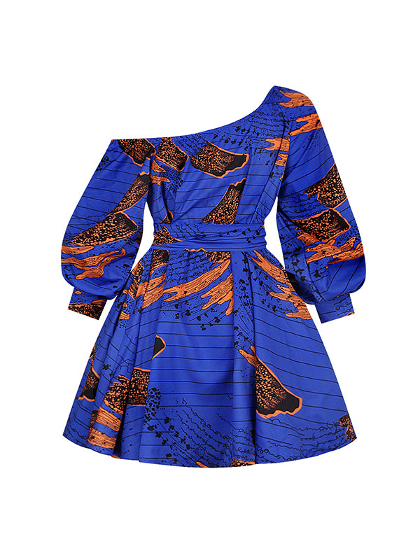 High Waisted Loose Elasticity Printed Tied Waist One-shoulder Mini Dresses