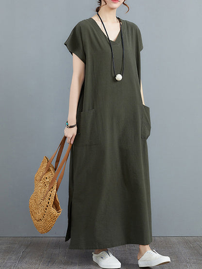 Simple Ramie Cotton Color Split-side With Pocket V-neck Short Sleeves Maxi Dress