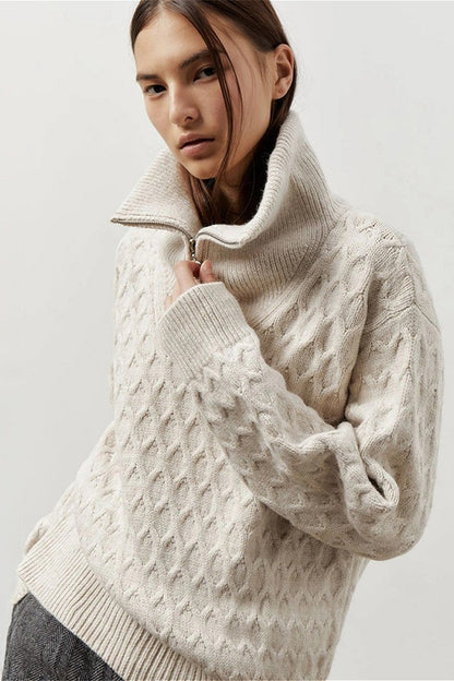 Chunky Knit High Neck Zip Up Sweater