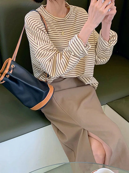 Coffee Stripes Cotton T-shirts Loose-fitting Autumn Lady Full Sleeve All Match Tops