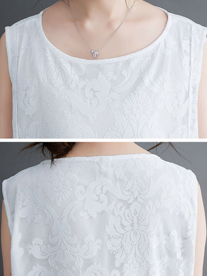 A-line Loose Lacy See-through Color Split-side Round-neck Midi Dresses