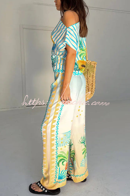 See You in Rio Tropical Fruits Print High Rise Elastic Waist Wide Leg Pants