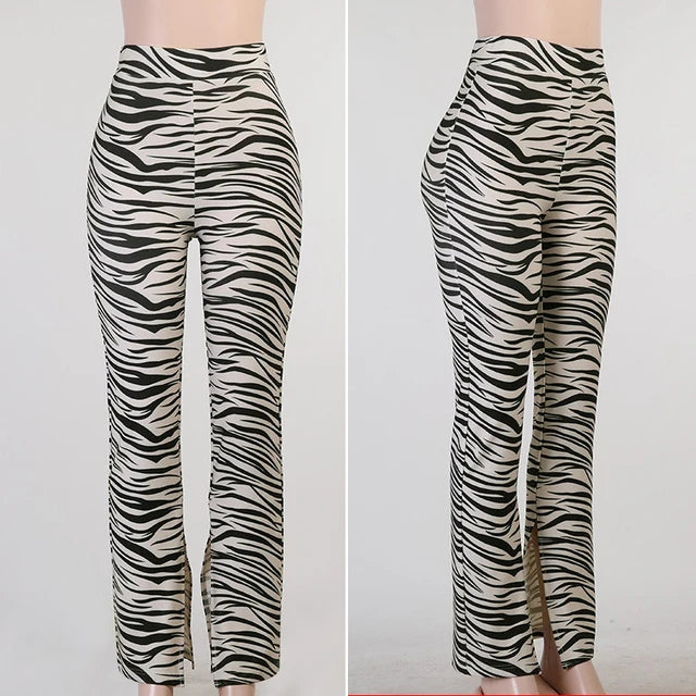 Female Trousers Zebra Print Straight Leg Pants Split Out Spring High Waist Pants