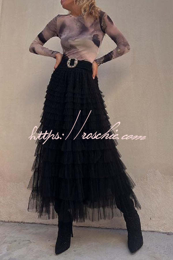 Be Your Own City Queen Tiered Elastic Waist Tulle Maxi Skirt
