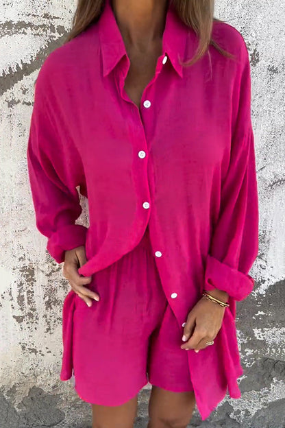 Color Lapel Long Shirt and Elastic Waist Loose Pocket Shorts Set