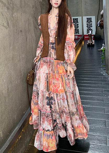 Dress Brown and Ruffled Suede Faux Waistcoat Two-piece