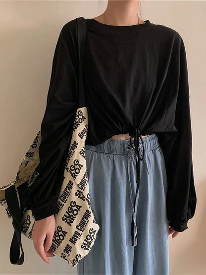 Long Sleeve T-shirts Crop Top Soft Daily Loose Slouchy Drawstring Hem O-neck Basic Femme Tees