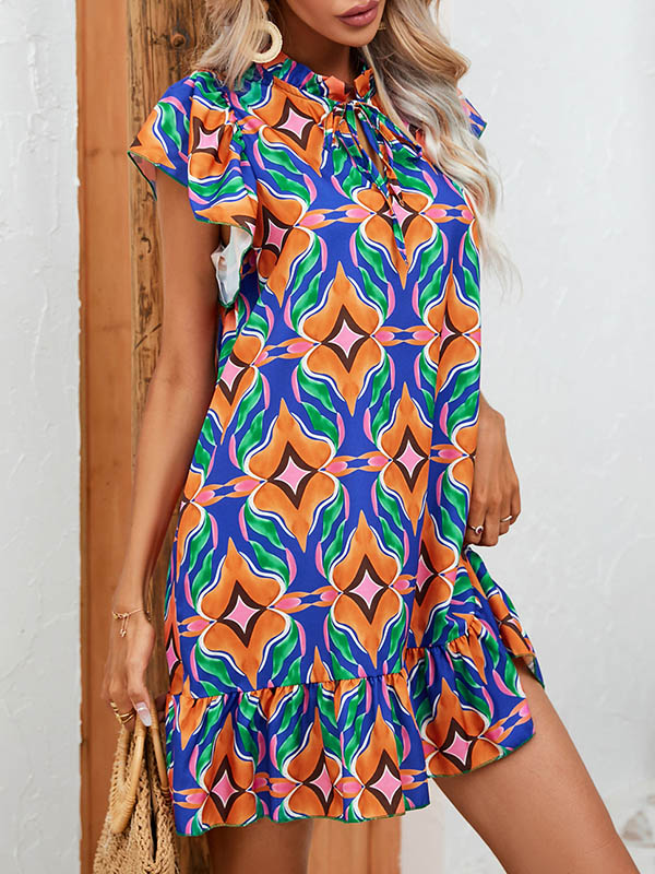 A-line High Waisted Hollow Pleated Printed Split-joint Tied Round-neck Mini Dresses